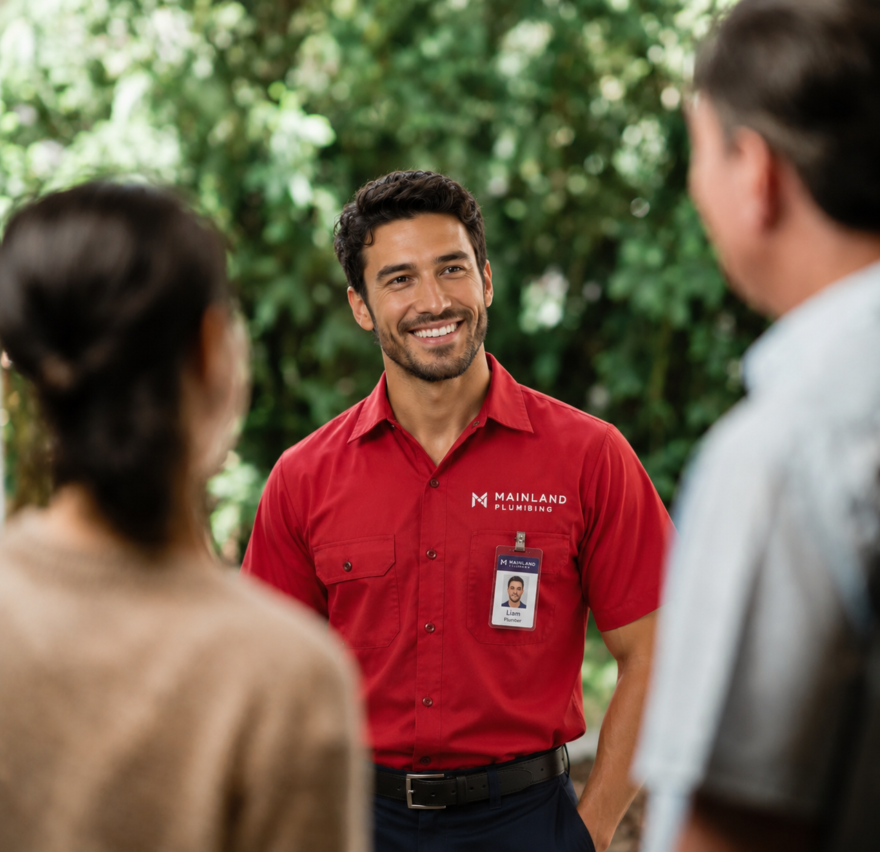 A Mainline Plumbing tradesman in red uniform chatting with homeowners on the doorstep.